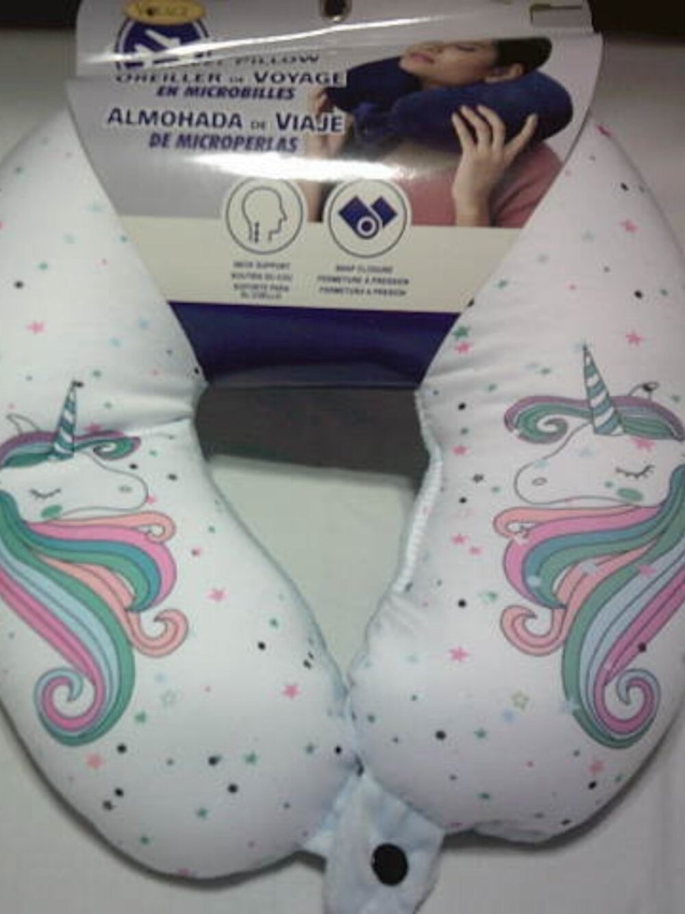 NEW VOYAGE MICROBEAD PLUSH TRAVEL NECK PILLOW UNICORN DESIGN SNAP CLOSURE NWT 👸